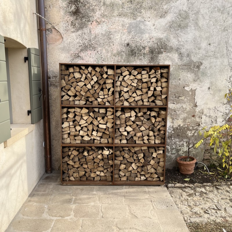 Portalegna modulare a cubi in acciaio corten 
