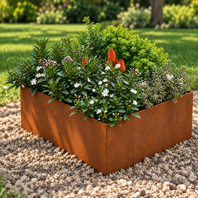 fioriera-in-corten-tra-fiori-e-ghiaia