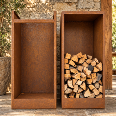 Portalegna da esterno in acciaio CORTEN – misure cm. 45×45 h 100